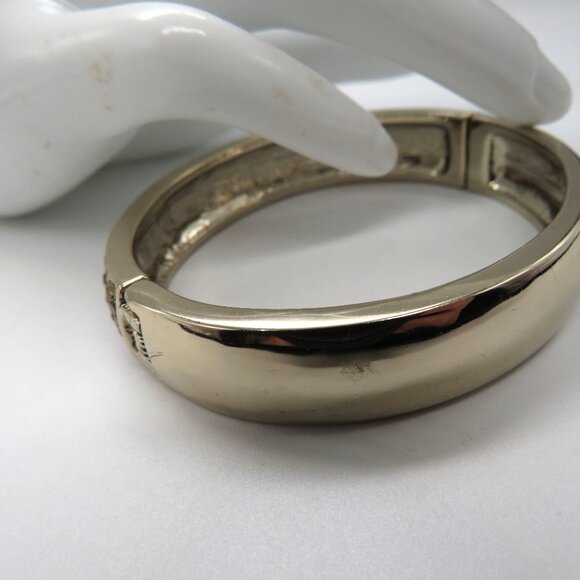 Gold Tone Bracelet Hinged Bangle Black Gilt Rhinestones Encrusted - Picture 9 of 10